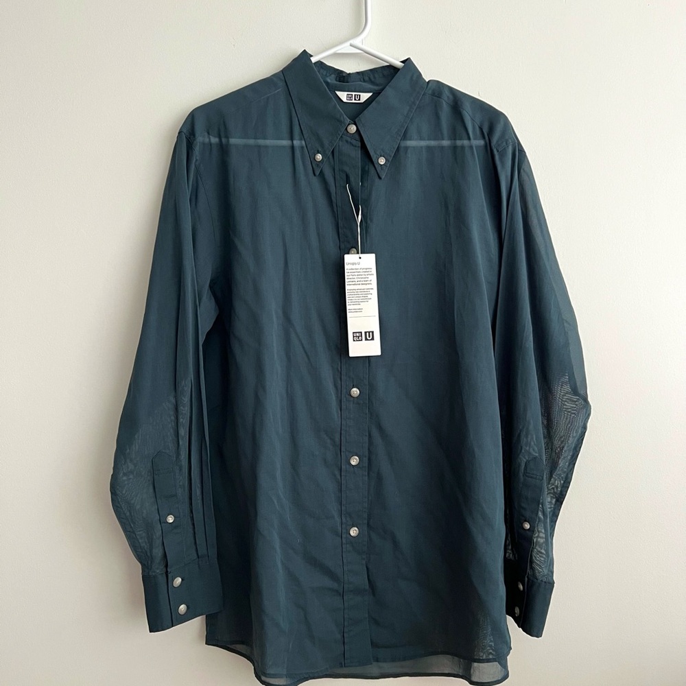 BWT Uniqlo U Lemaire Collab 100% Cotton Dark Lake Blue Button-Up Blouse Small